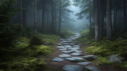 Stone Path Through a Foggy Forest