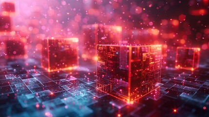 Obraz premium Experience a digital landscape filled with glowing red cubes, surrounded by radiant sparkles, illustrating an interplay of technology, innovation, and digital artistry envisioned for the future.
