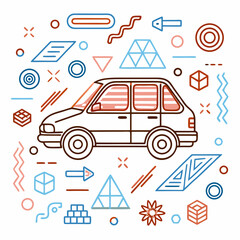 Car illustration with geometric shapes and lines in colorful design  