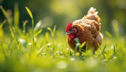 Free-range chickens on organic farm,Happy brown hens feeding on grass in a backyard farm environment with natural fencing
