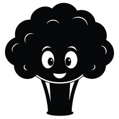 Cheerful cartoon broccoli with googly eyes and smile appears as a cute, vector