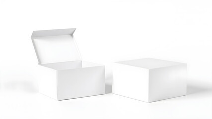White product display boxes on white background one open, one closed clean and minimal packaging mockup
