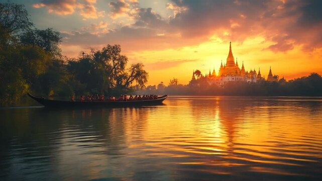 Sunset Over Mandalay: A Serene River Scene with Golden Reflections and Ancient Pagodas
