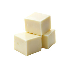 Three Cubes of Creamy White Cheese on White Background