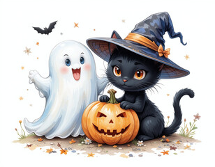 Cute black cat in witch hat and white ghost with pumpkin celebrate Halloween. Colorful illustration on white background