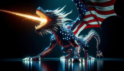 Fiery American Flag Dragon Roars in Glowing Darkness