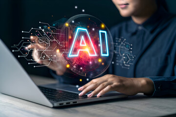 Woman using laptop interacts with futuristic AI technology globe glowing digital interface future innovation