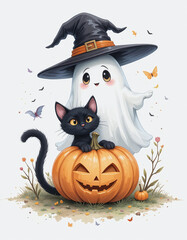 Cute black cat in witch hat and white ghost with pumpkin celebrate Halloween. Colorful illustration on white background