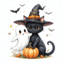 Cute black cat in witch hat and white ghost with pumpkin celebrate Halloween. Colorful illustration on white background