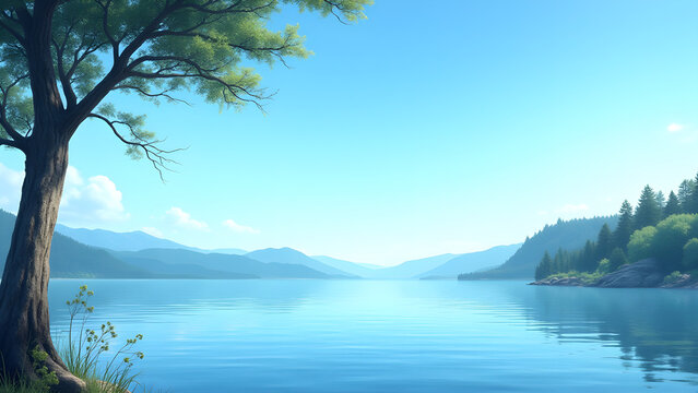 A beautiful lake with a tree in the foreground. The sky is blue and the water is calm