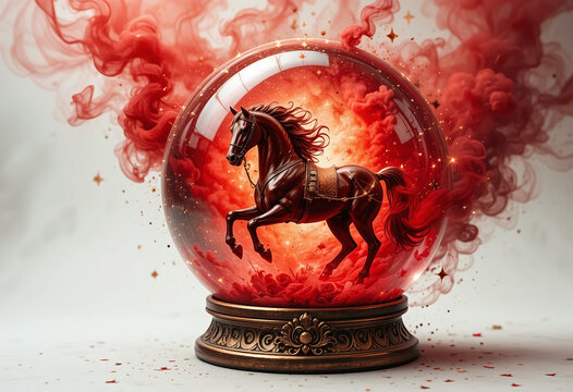 Halloween snow globe with mystical red smoke and horse figure inside. Fantasy spooky vibe. White background. Perfect for seasonal art - Powered by Adobe