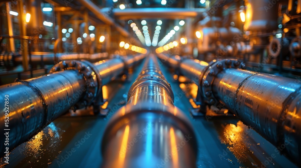 Aufkleber an intriguing view of an industrial pipeline system illuminated by vibrant orange lights and hints o