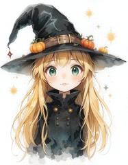 Cute anime girl in Halloween costume with pumpkin hat, green eyes, and blonde hair. White background. Perfect for seasonal designs.