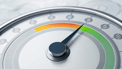 A close-up of a financial gauge with colored indicators showing performance, emphasizing metrics related to money and investments.
