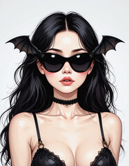 Stylish woman with dark hair wearing bat-shaped Halloween glasses. Attractive spooky portrait on white background