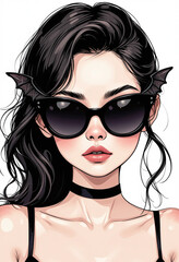 Stylish woman with dark hair wearing bat-shaped Halloween glasses. Attractive spooky portrait on white background