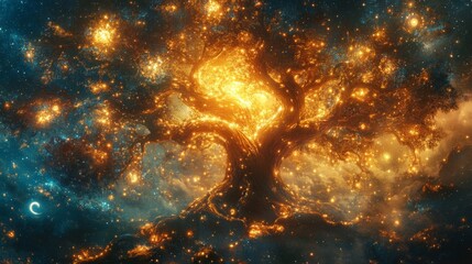 Glowing Cosmic Tree in a Starry Night Sky
