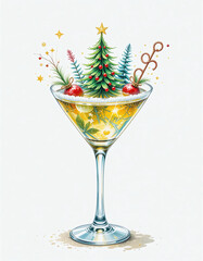 Elegant holiday cocktail in a glass with Christmas tree and festive decorations. Colorful illustration on white background