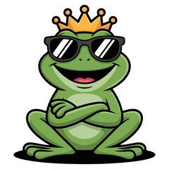 Green King frog with sunglass and smile face vector illustration.