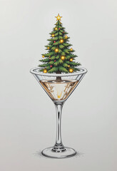 Elegant holiday cocktail in a glass with Christmas tree and festive decorations. Colorful illustration on white background
