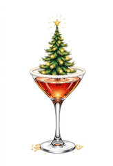 Elegant holiday cocktail in a glass with Christmas tree and festive decorations. Colorful illustration on white background