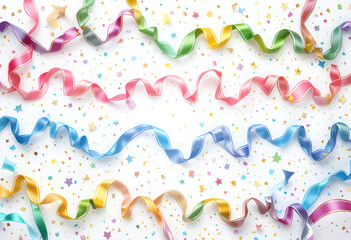 Colorful festive ribbons for birthday and celebration themes. Bright party elements on white background, perfect for cheerful designs
