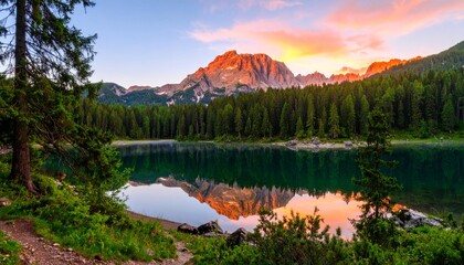 A serene mountain landscape at sunset, with orange-lit peaks reflected in a calm lake surrounded by dense evergreen forest.