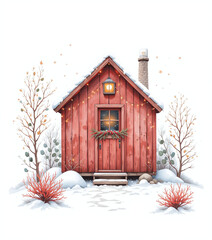 Colorful red wooden house in winter with snow on roof and ground, isolated on white background. Cozy seasonal holiday illustration