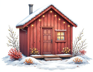 Colorful red wooden house in winter with snow on roof and ground, isolated on white background. Cozy seasonal holiday illustration