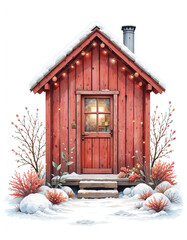Colorful red wooden house in winter with snow on roof and ground, isolated on white background. Cozy seasonal holiday illustration