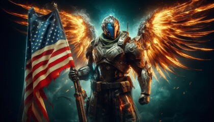 Flaming Winged Cyber Warrior in Battle Armor with American flag