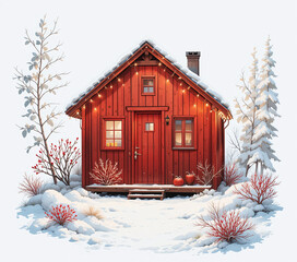 Colorful red wooden house in winter with snow on roof and ground, isolated on white background. Cozy seasonal holiday illustration