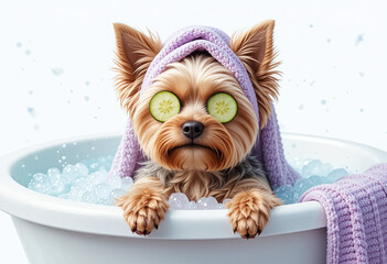 Cute Yorkshire Terrier in a bubble bath with cucumber slices on eyes and towel on head, relaxing spa atmosphere on white background