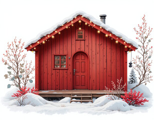 Colorful red wooden house in winter with snow on roof and ground, isolated on white background. Cozy seasonal holiday illustration