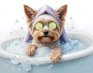 Cute Yorkshire Terrier in a bubble bath with cucumber slices on eyes and towel on head, relaxing spa atmosphere on white background