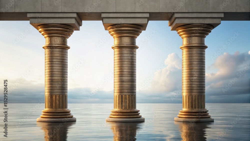 Poster stately columns rise from a tranquil body of water, reflecting a serene sky with soft clouds, creati