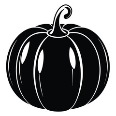 A solid black stylized pumpkin silhouette shows distinct ridges and a curved stem