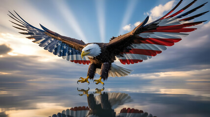 American bald eagle with wings spread showing the american flag flying over water reflecting the sky
