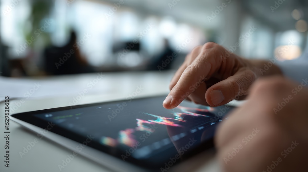 Poster closeup of hands using tablet to analyze financial data, showcasing vibrant graphs and charts. focus