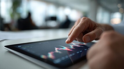 Closeup of hands using tablet to analyze financial data, showcasing vibrant graphs and charts. focused expression reflects importance of financial decision making