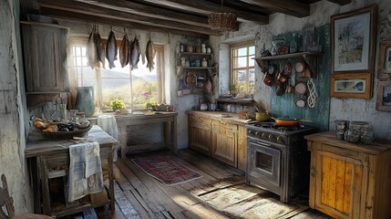 Rustic kitchen with wooden cabinets, hanging fish, and sunlit window