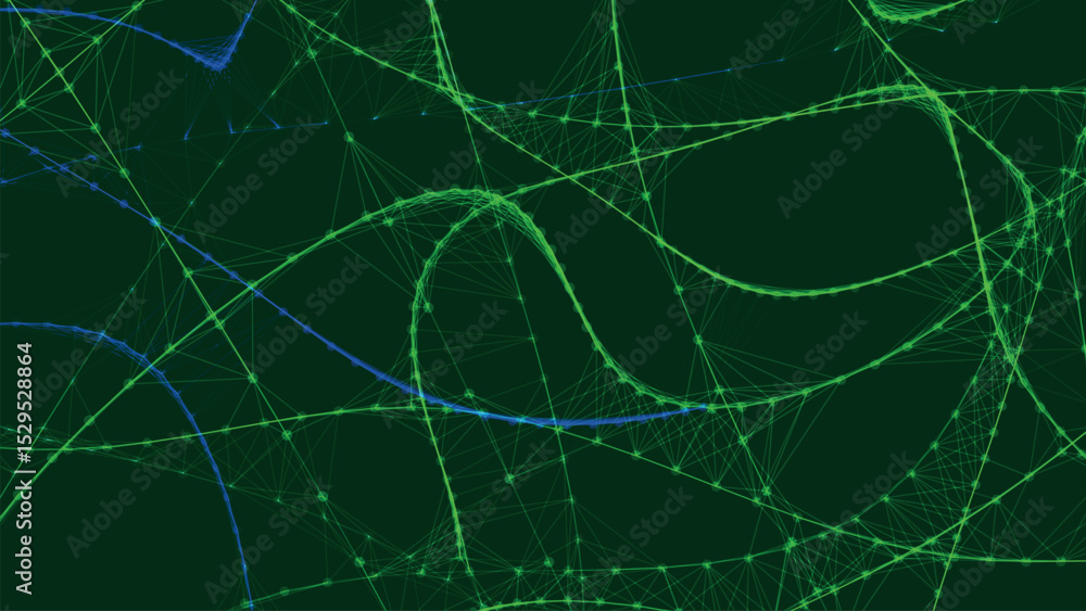 Poster bright, swirling light paths in shades of green and blue, creating a dynamic volumetric abstract bac