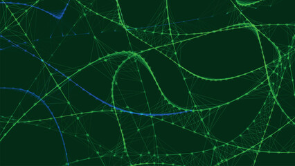 Bright, swirling light paths in shades of green and blue, creating a dynamic volumetric abstract background. Neural connections. Abstract biological cells. Vector illustration.