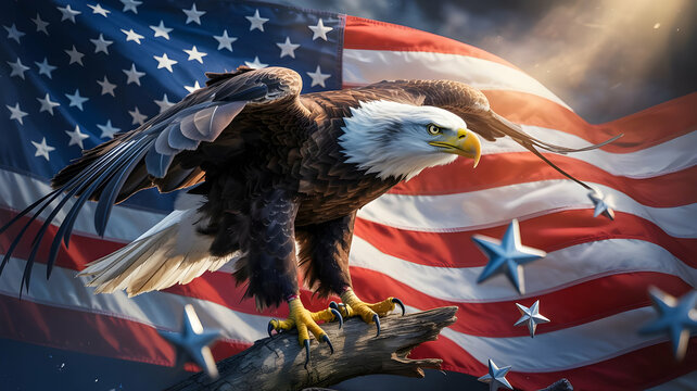 Bald eagle perched on a branch with american flag and stars in the background patriotic image view