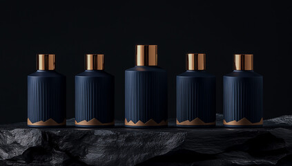 The premium hair care product collection's packaging design features five sleek, dark blue matte cylindrical bottles, each with an elegant copper or golden metallic sheen,
