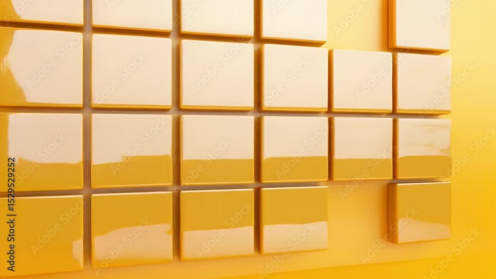 Poster shiny yellow geometric cube tiles on matching background creates a modern abstract design with three
