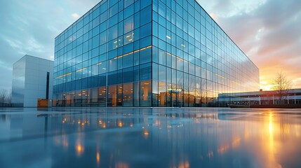 A stunning modern glass building brilliantly reflects the warm hues of sunset, showcasing contemporary architecture and the interplay of natural light and urban lifestyle.
