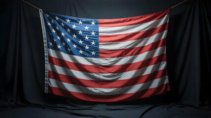 A slightly wrinkled american flag hanging against a dark fabric backdrop in a studio setting