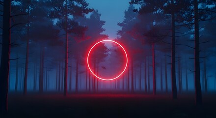 Red Neon Ring in Foggy Forest at Night