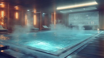 Serene indoor pool & lounge area with ambient lighting, steam, and wooden accents
